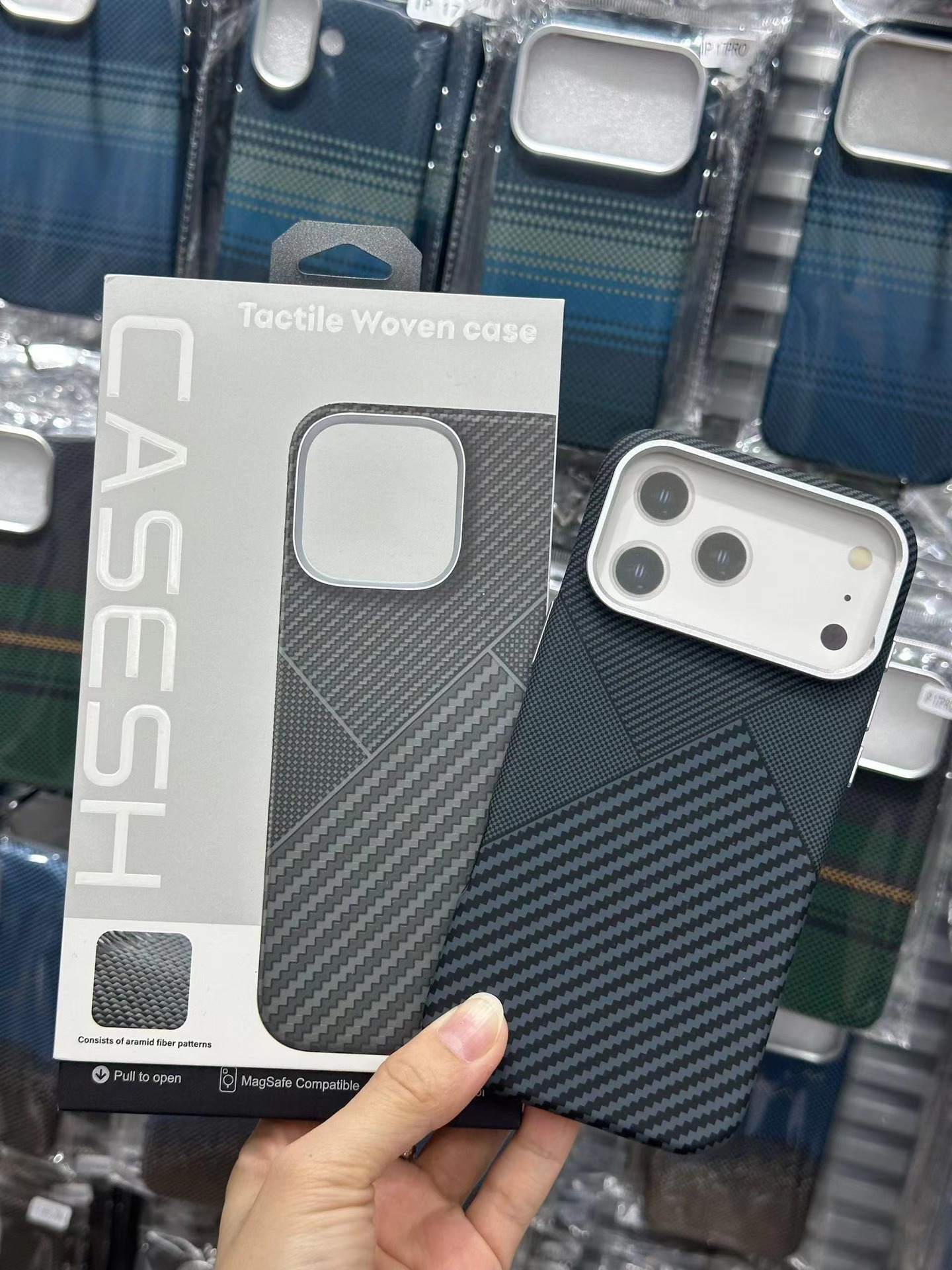 For iPhone 17 Pro Max Large Hole Houndstooth Phone Case Apple 16 Built-in Magnetic Woven Texture 15 Hard Case