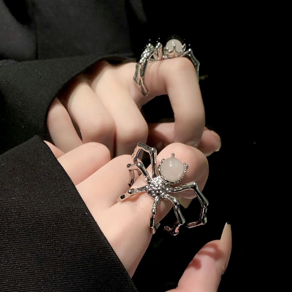 Black Spider Punk Ring with Moonstone Metal Open Adjustable