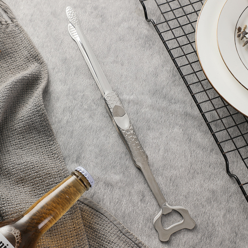 New 304 stainless steel food tongs barbecue tongs multi-purpose beer bottle opener steak tongs extended food tongs