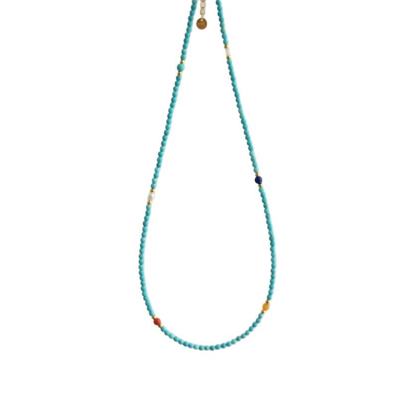 Original new Chinese-style natural blue turquoise and red agate multi-gem necklace, collarbone chain, gift for friends