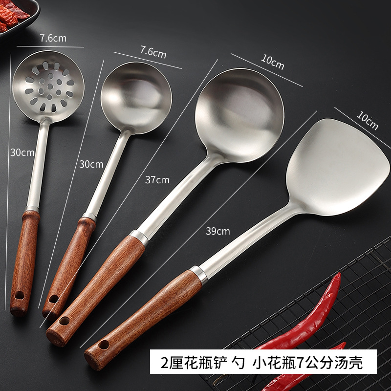 Thickened non-magnetic stainless steel pot shovel, kitchen wooden handle spatula, cooking spoon series, 9.9 yuan store display