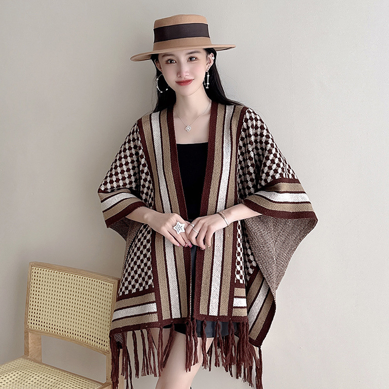 2023 Autumn Winter New Ethnic Style Tassel Shawl Cape Cape Outer Wear Jacquard Loose Knitted Cardigan Coat Women