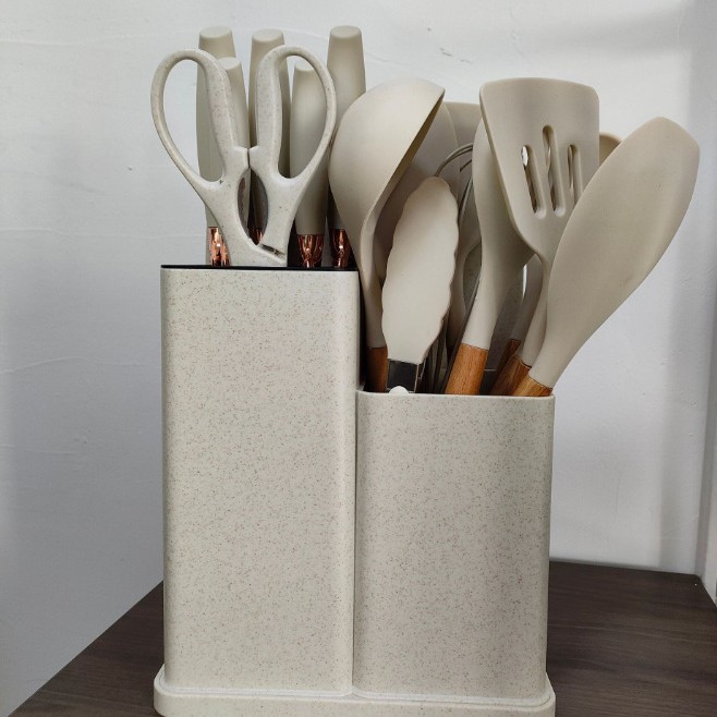 19-piece silicone kitchen utensil set with knife, silicone combination kitchen utensils 19-piece double-barrel straw silicone kitchen utensil set with knife