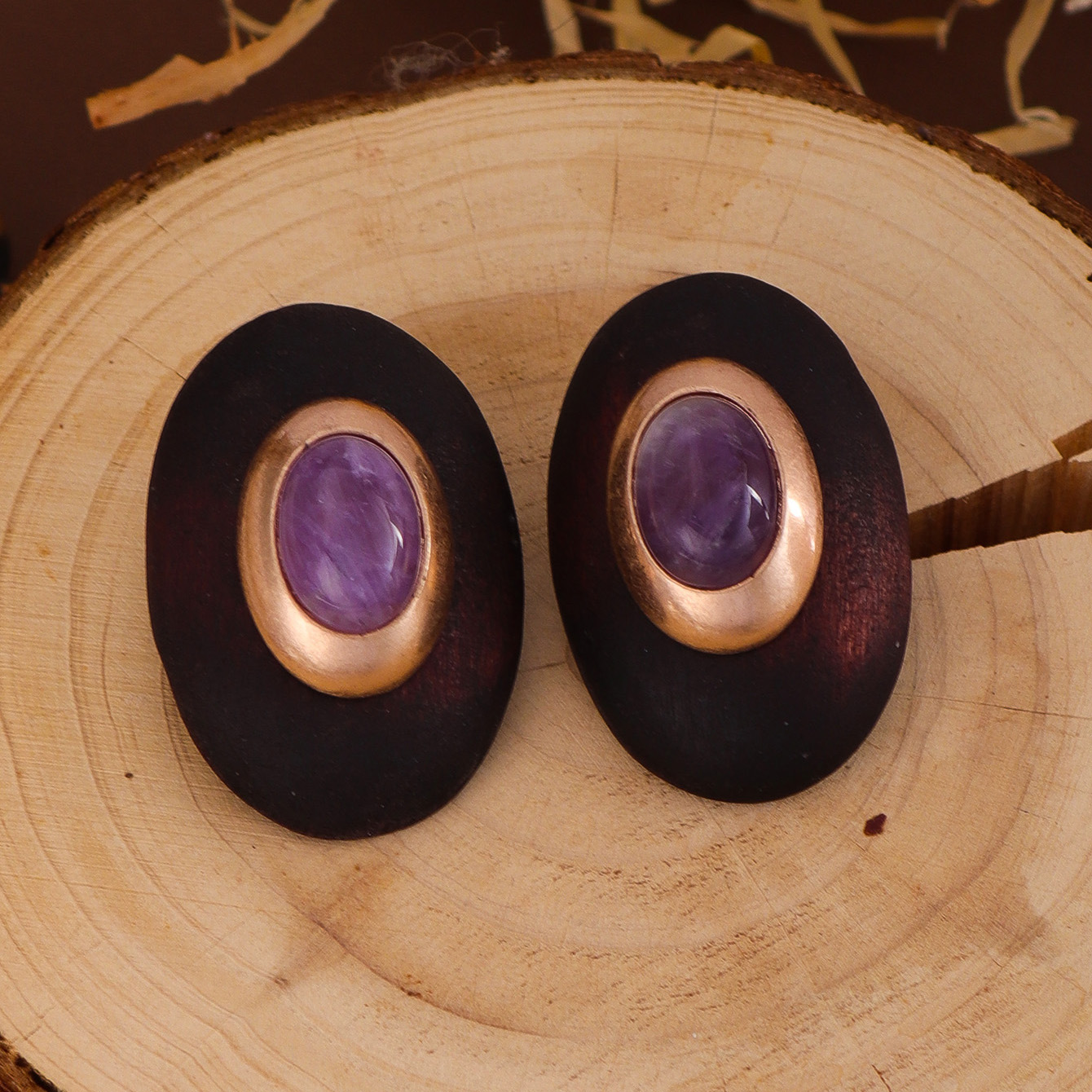Original Design Wind Accessories Exaggerated Wood Oval Stone Metal Stud Earrings Women