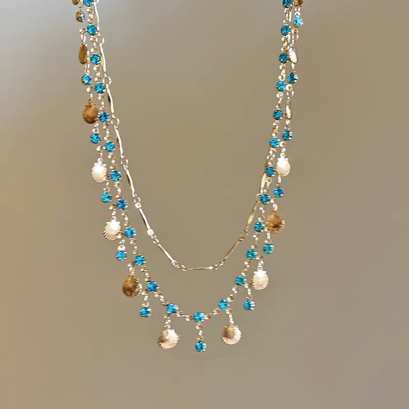 Daughter of the Sea~ Blue Zirconia Gold Shell Necklace Bracelet Design Pendant Jewelry