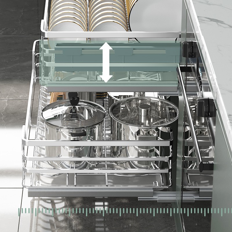304 stainless steel kitchen seasoning pull-out basket cabinet drawer type bowl rack double-layer solid pull-down storage bowl basket