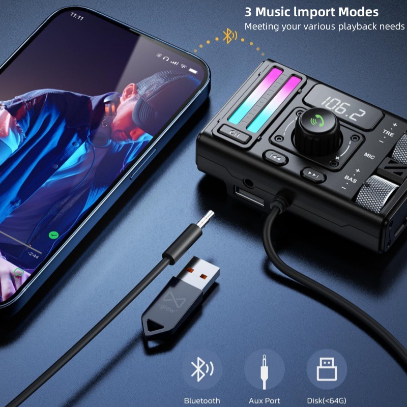 MT02 Car MP3 Bluetooth Player New Heavy Bass AUX Cigarette Lighter Bluetooth Car Charger Fast Charge FM Transmitter