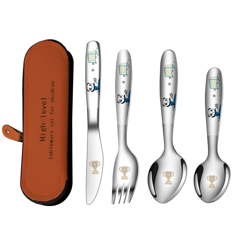 Children's cutlery knife fork spoon 304 stainless steel set 4-piece laser cartoon pattern western knife fork