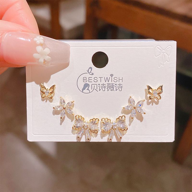 26th batch #1 copper gold-plated solid quality zircon three pairs of earrings, silver needle one card six-piece set