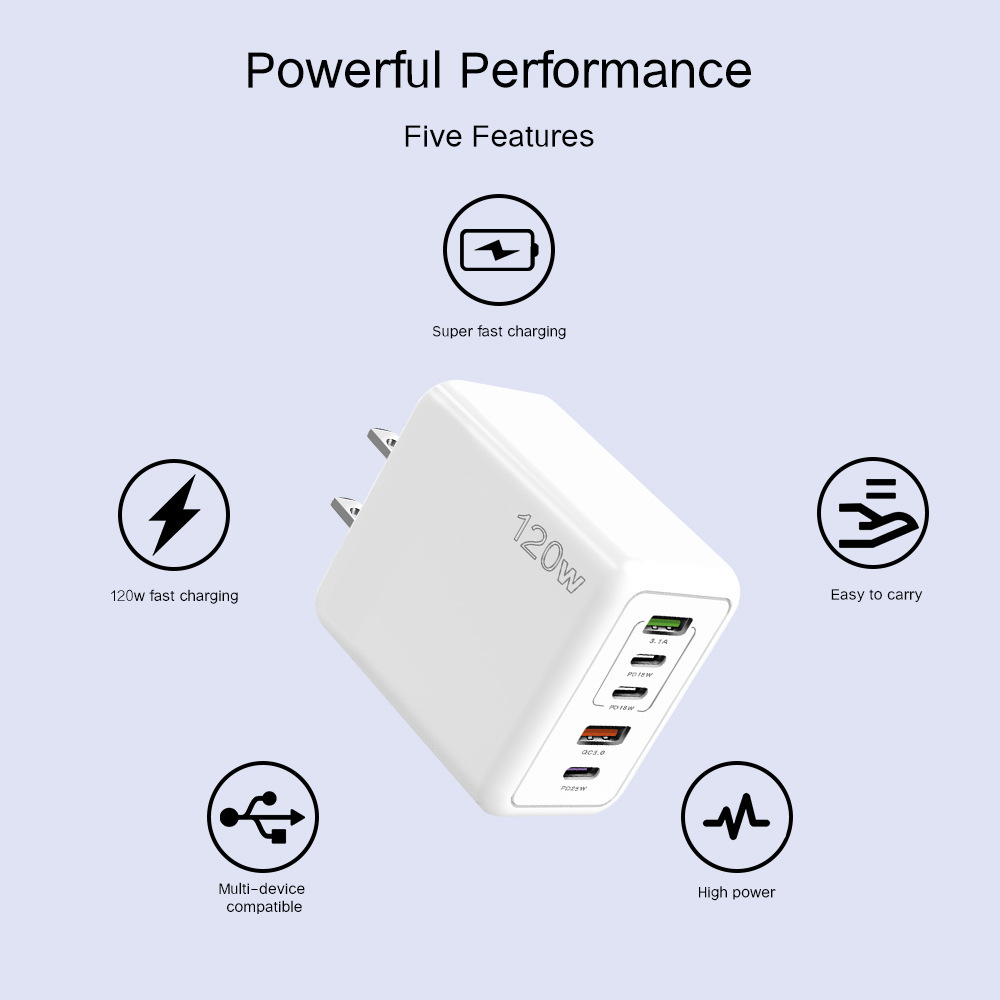 Exclusive 3PD+2USB Phone Charger Multi-Port Fast Charger UK/HK Plug 120W Adapter