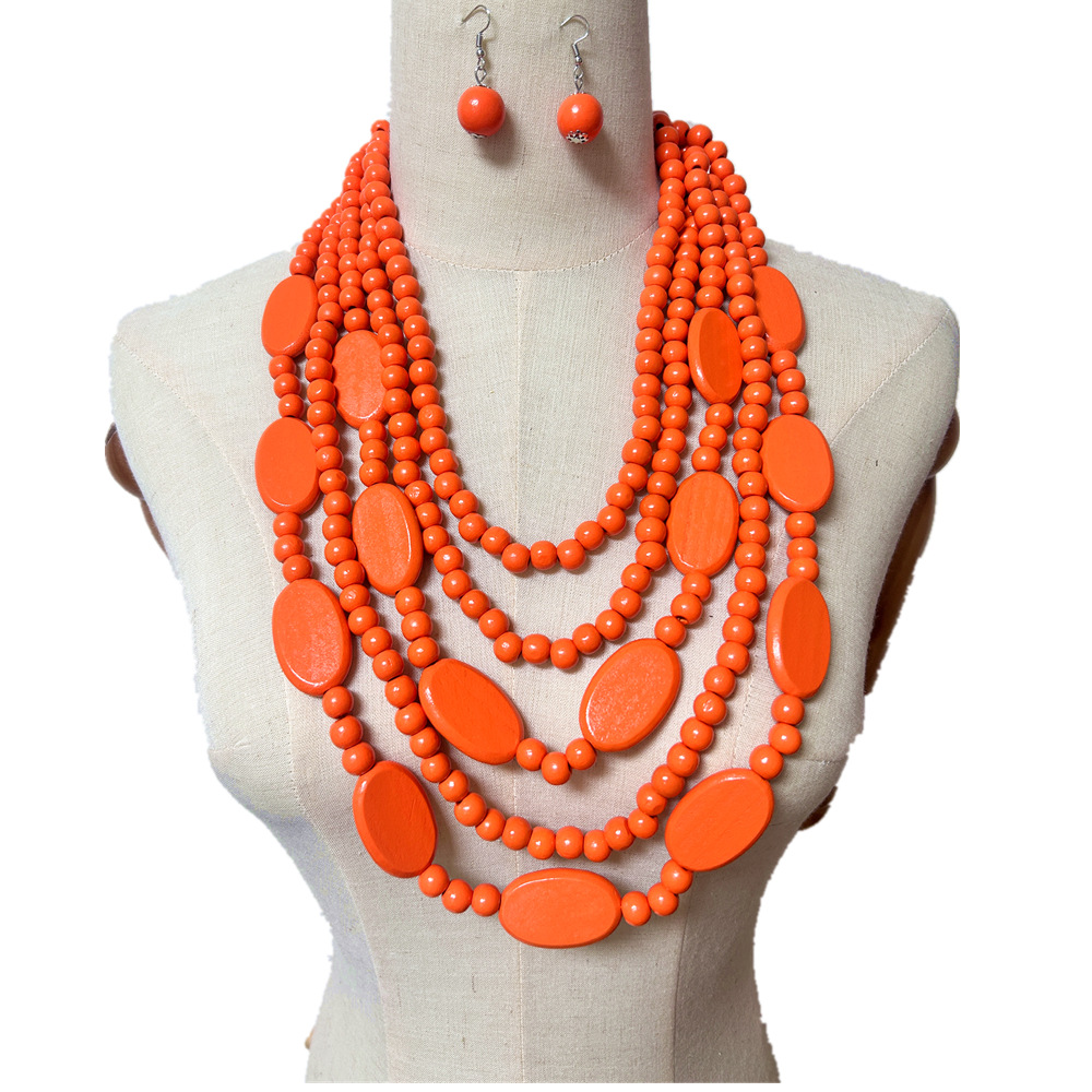 Wooden pieces beads multi-layer tassel necklace ethnic style sweater chain accessories necklaces