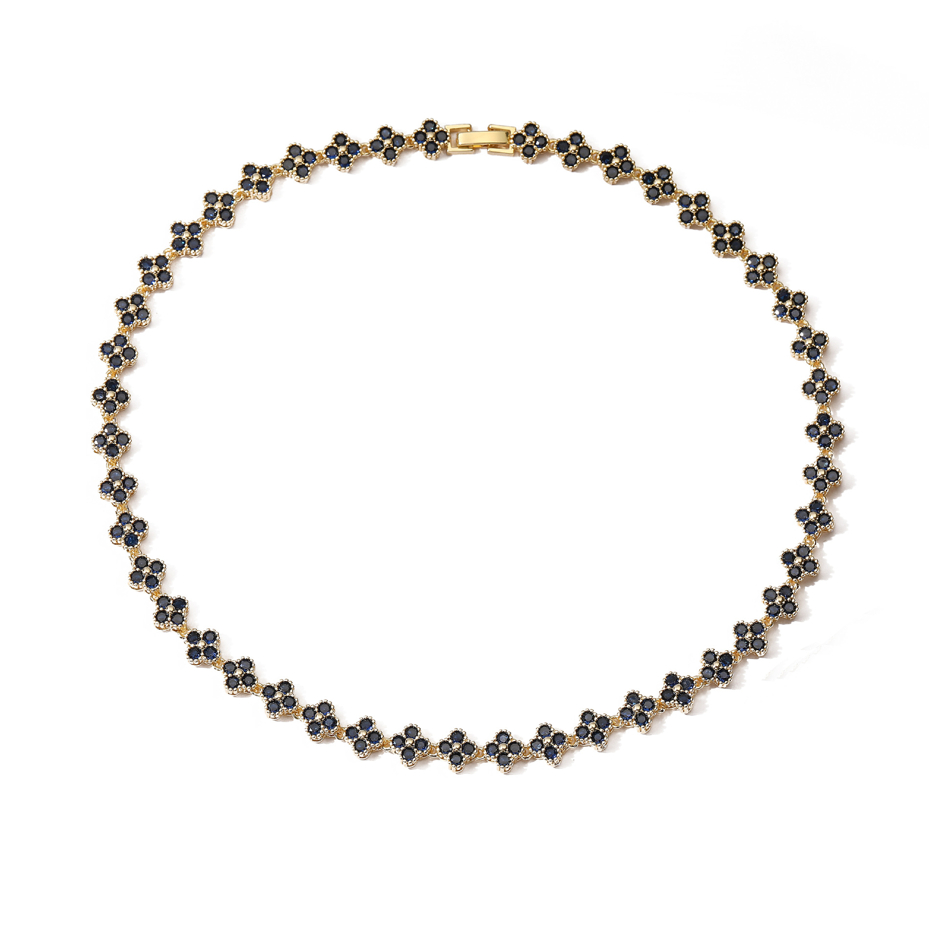 HECHENG Jewelry Copper Plated 18K Gold Inlaid Colorful Diamond Flower Bracelet, Necklace Sweet Four-Leaf Clover Jewelry Set
