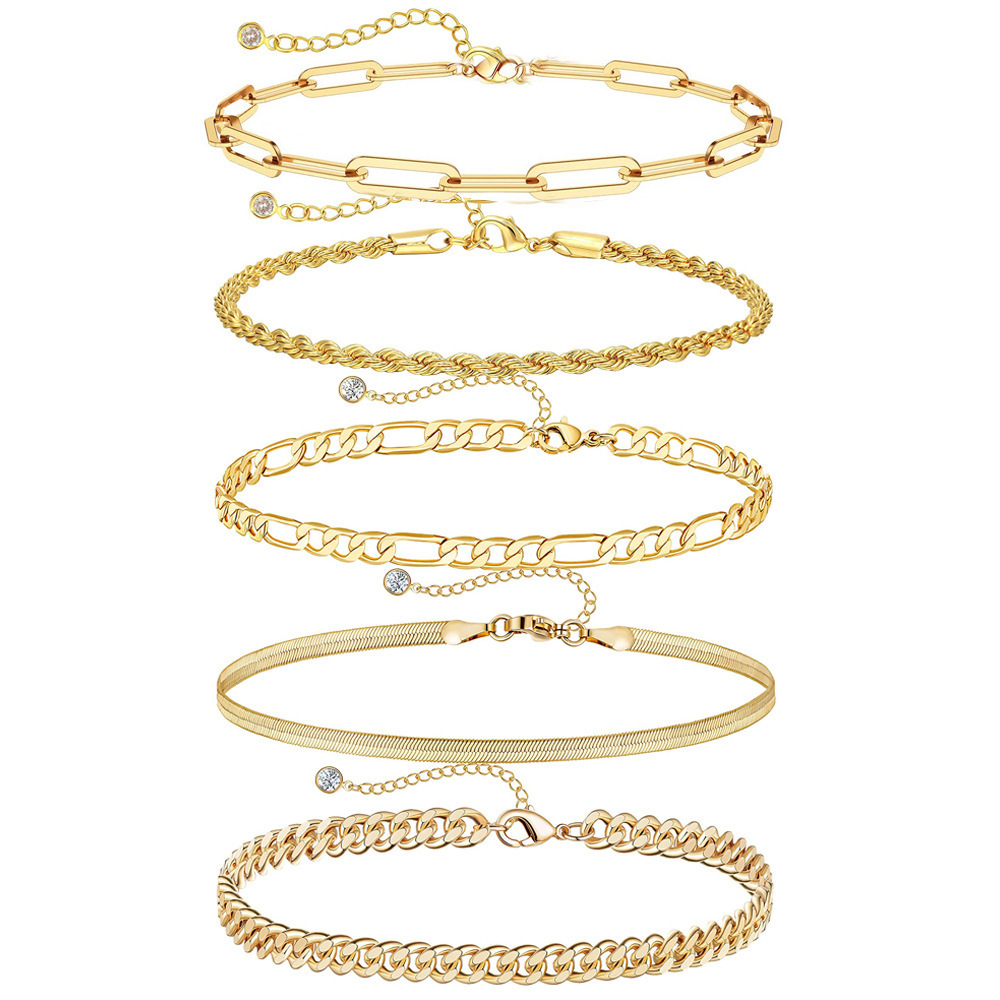 New Simple Electroplated Simple Paperclip Chain Cuban Chain Bead 5-Piece Bracelet Set Hand Jewelry