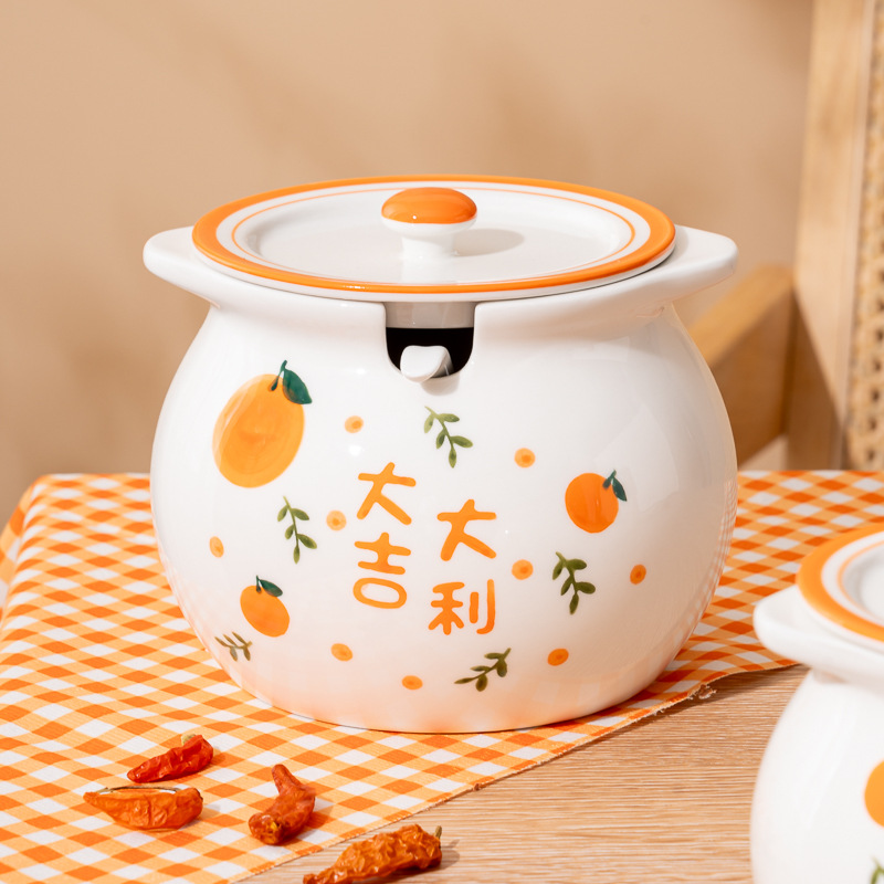 Seasoning storage ceramic lard pot household high temperature resistant chili oil pot lard pot kitchen seasoning pot lard container