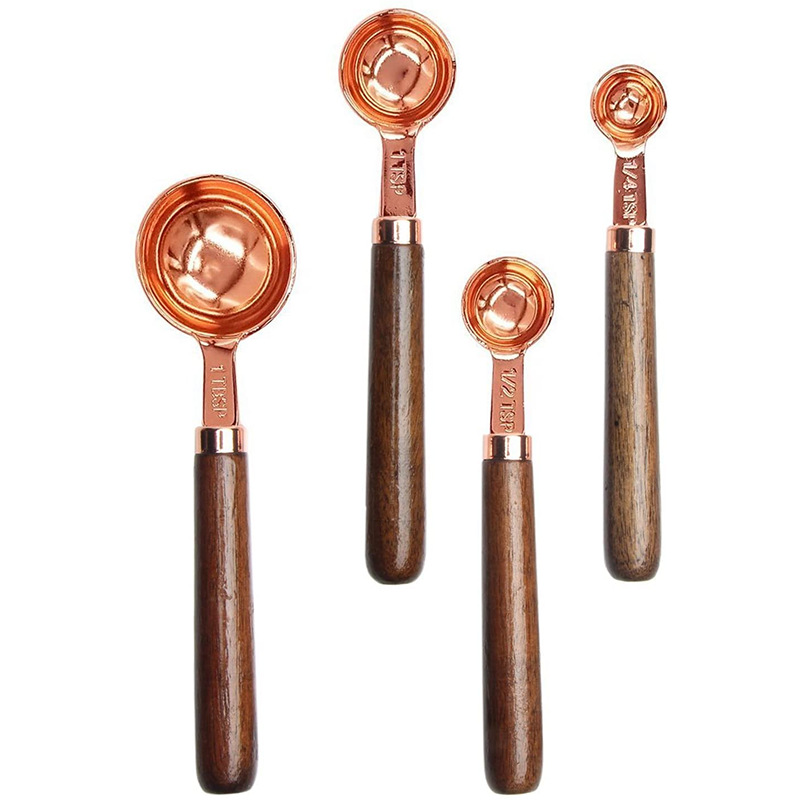 Walnut wood stainless steel measuring spoon measuring cup set 8-piece set with scale baking tool 4-piece set rose gold spoon