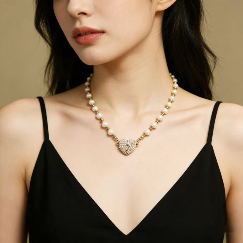 Diamond-set love magnetic heart-shaped pendant pearl necklace collarbone chain