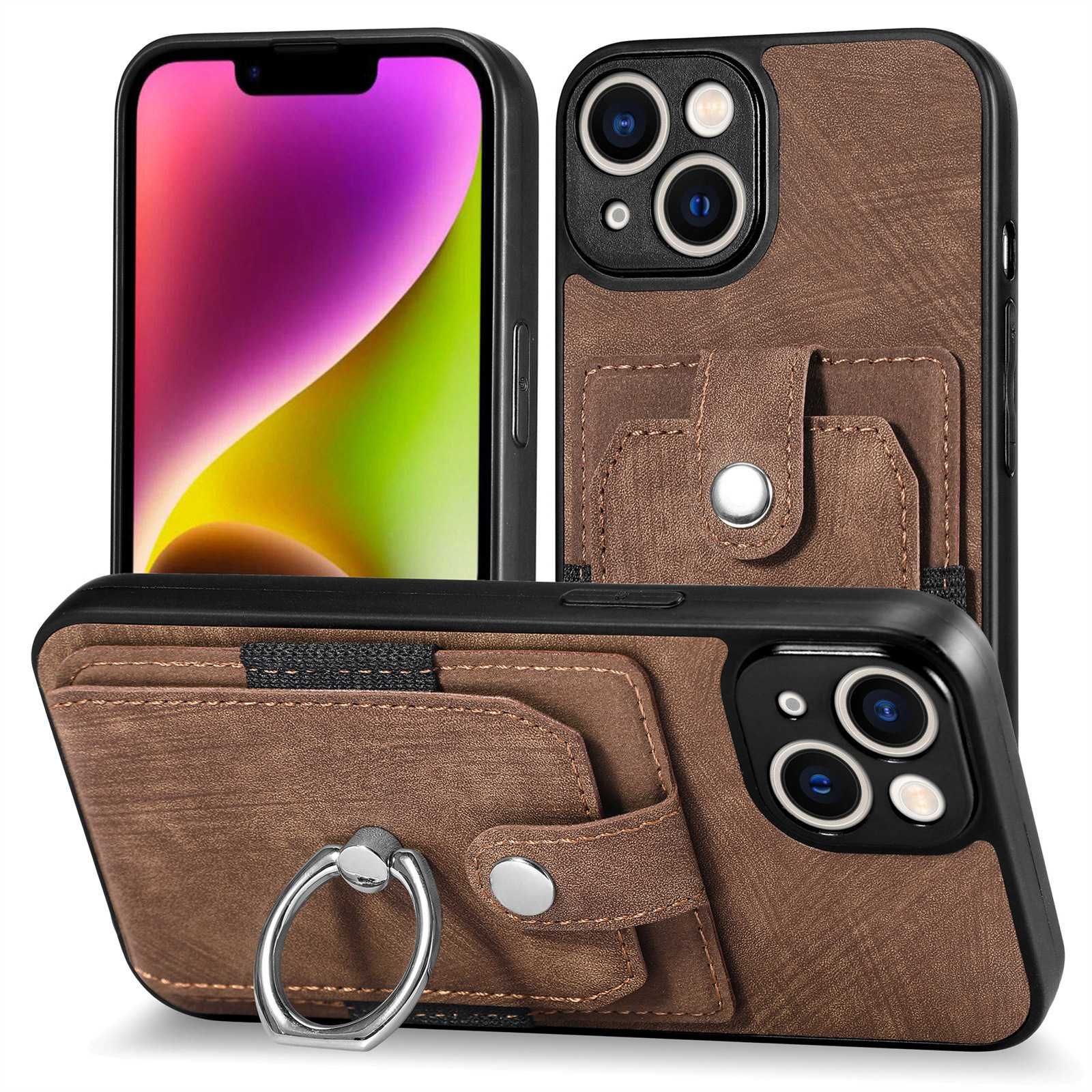For Apple 18 card holder phone case solid color hardware ring car magnetic iPhone18 protective leather case