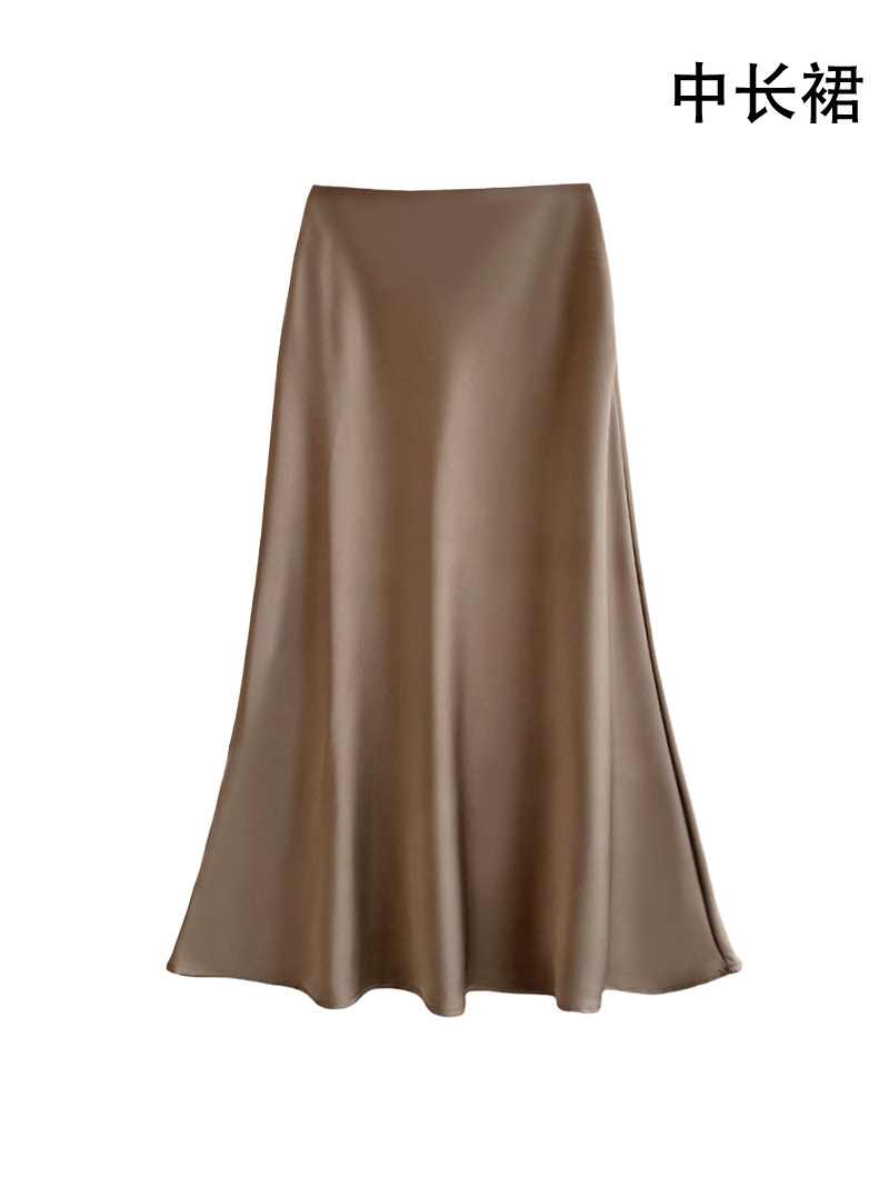 Summer commute elastic waist satin skirt women spring and summer high waist hip-hugging skirt mid-length skirt A-line skirt