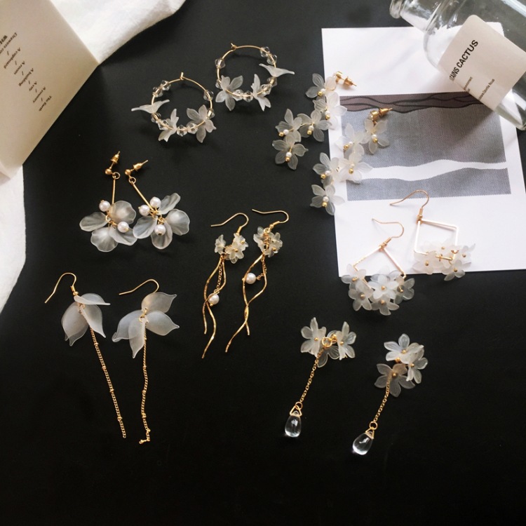Forest style flower earrings fairy elegant long pearl ear studs simple ear accessories for women 1168