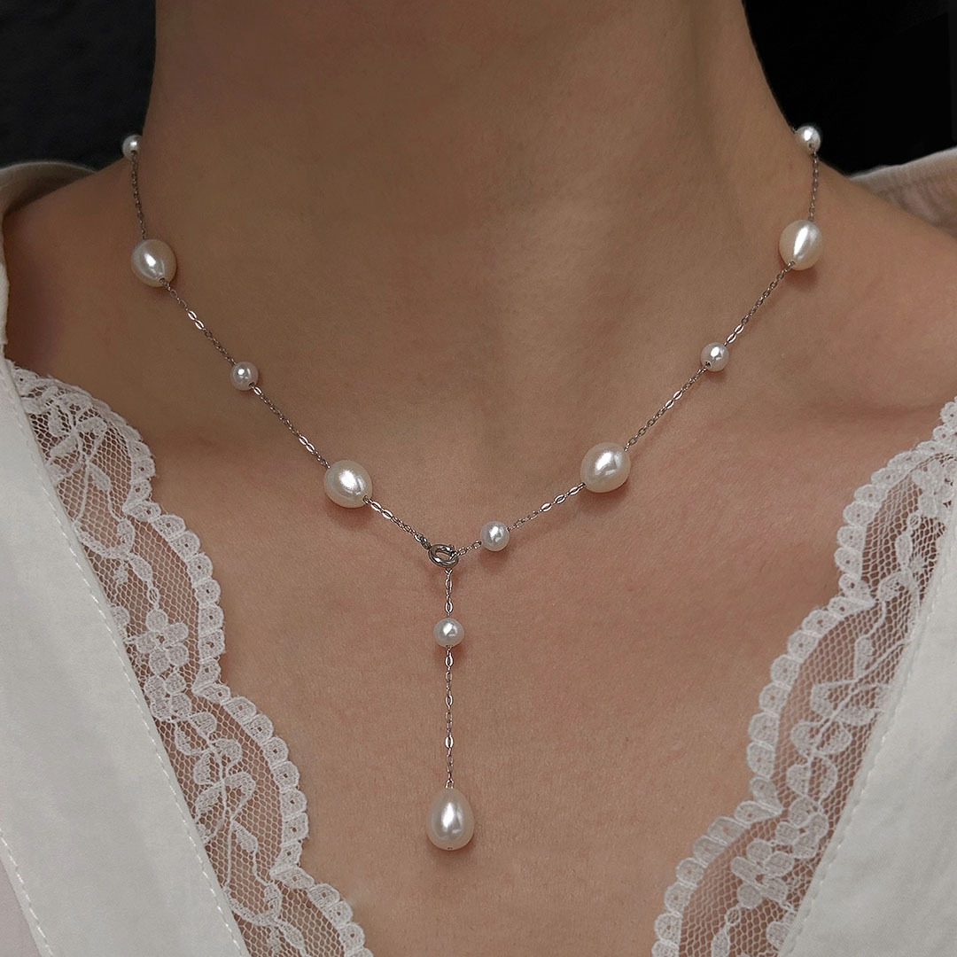 Natural Pearl Starry Sky Necklace Women Staggered Size Beads Spaced Pendant Sweater Chain