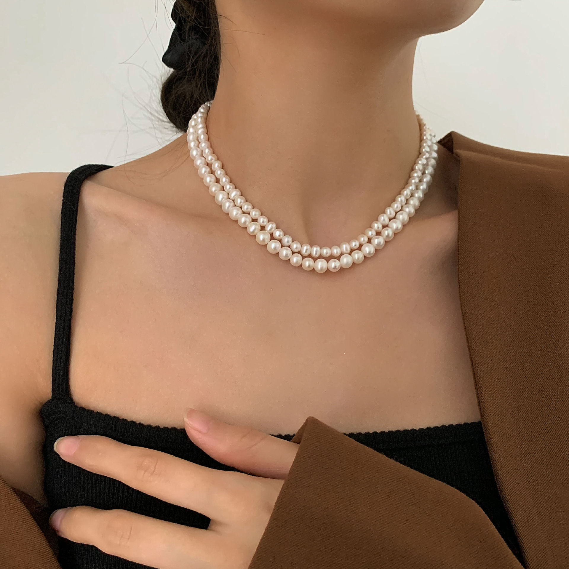 Natural Freshwater Pearl Necklace Women Baroque Collarbone Chain 14K Gold Plated Necklace Sweater Chain