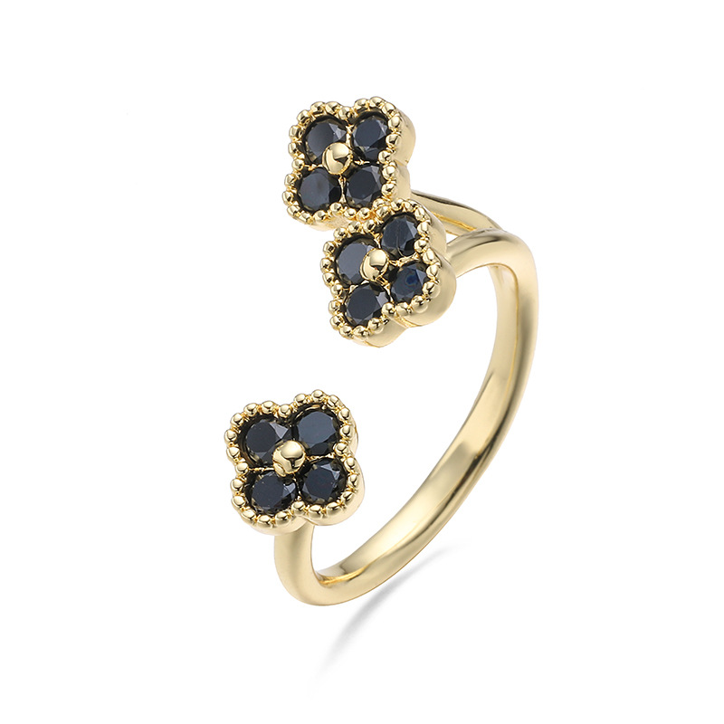 Copper Inlaid Colorful Diamond Lucky Four-Leaf Clover Ring, Exquisite Super Shiny Flower Petals Open Adjustable Ring