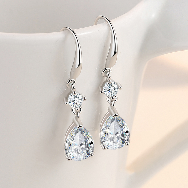 Zirconium earrings with hooks for women, sweet tassel medium-long water drop earrings