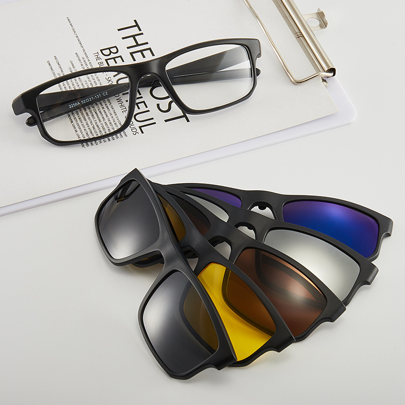 Polarized sunglasses for men and women, new TR90 frame, five-piece set, black night vision magnetic clip-on sunglasses