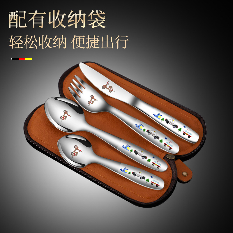 Children's cutlery knife fork spoon 304 stainless steel set 4-piece laser cartoon pattern western knife fork