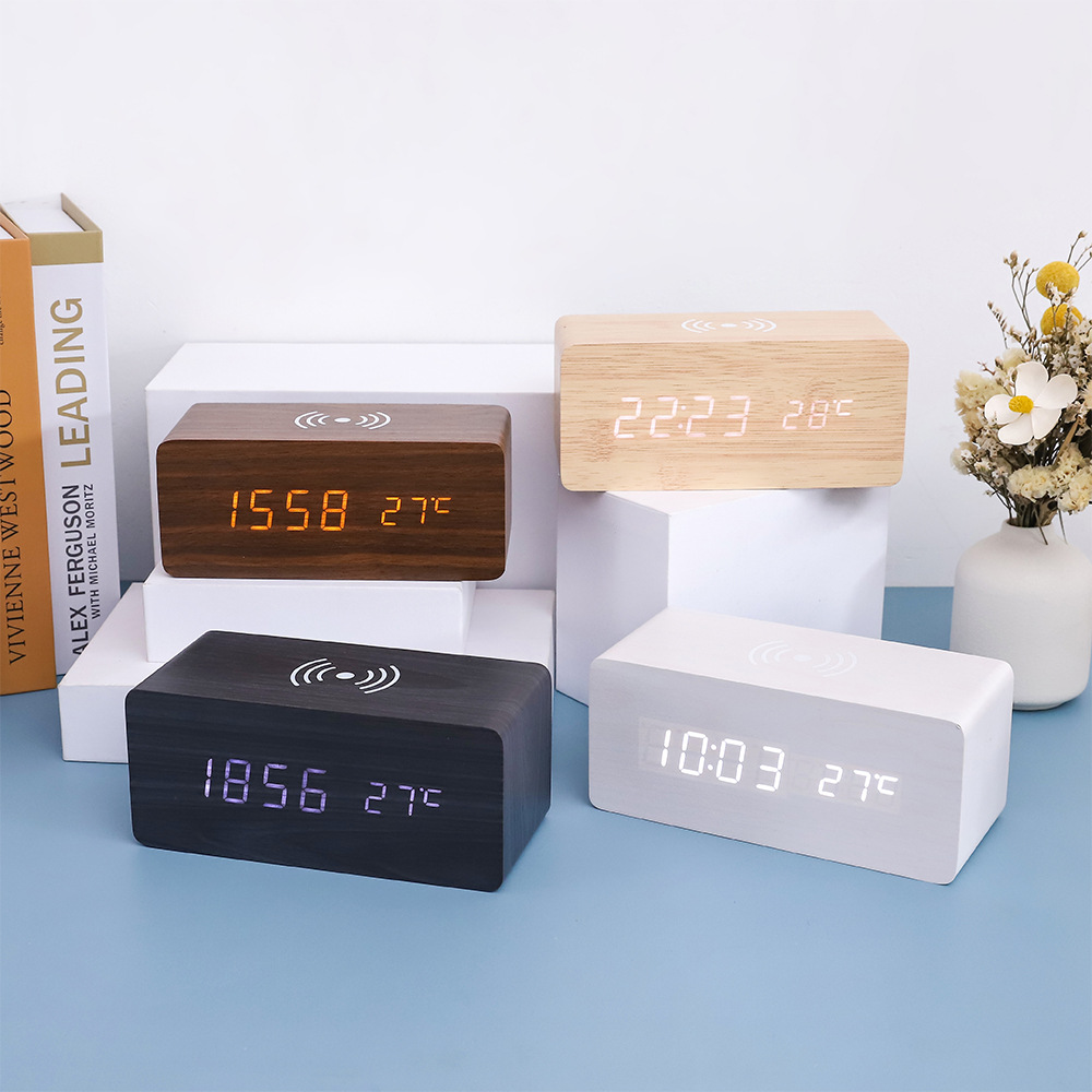 Smart LED wooden clock digital electronic alarm clock, charging clock bedside wireless charging digital wooden clock