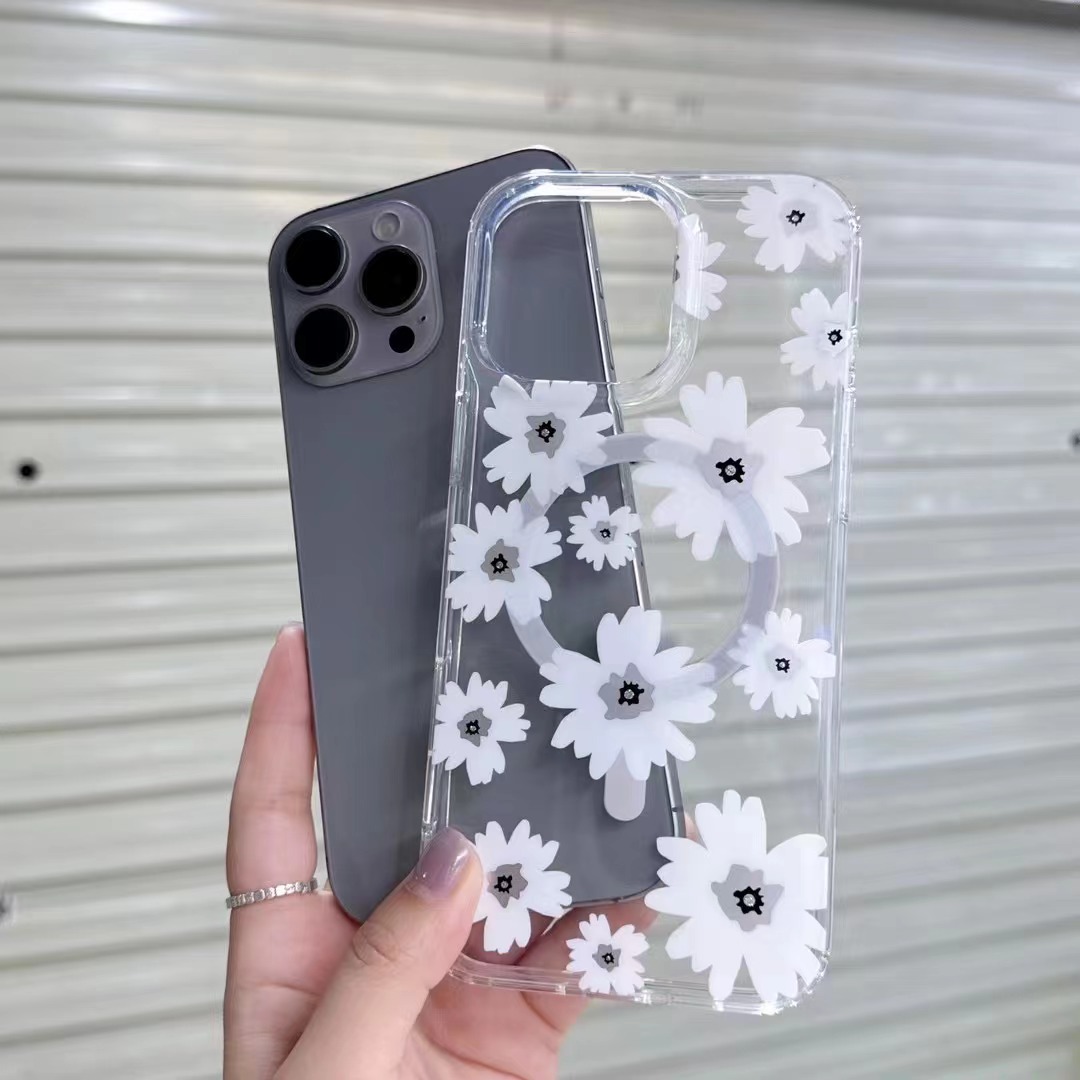 For iPhone 16 Pro Max Garden Transparent Magnetic Phone Case Apple 17 Electroplated Daisy Flower Case