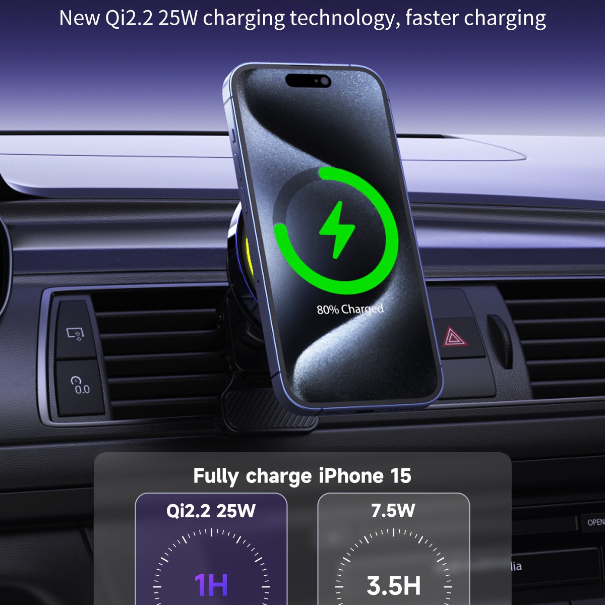 New Qi2.2 magnetic car wireless charger, suitable for Apple 17 LED colorful light phone stand