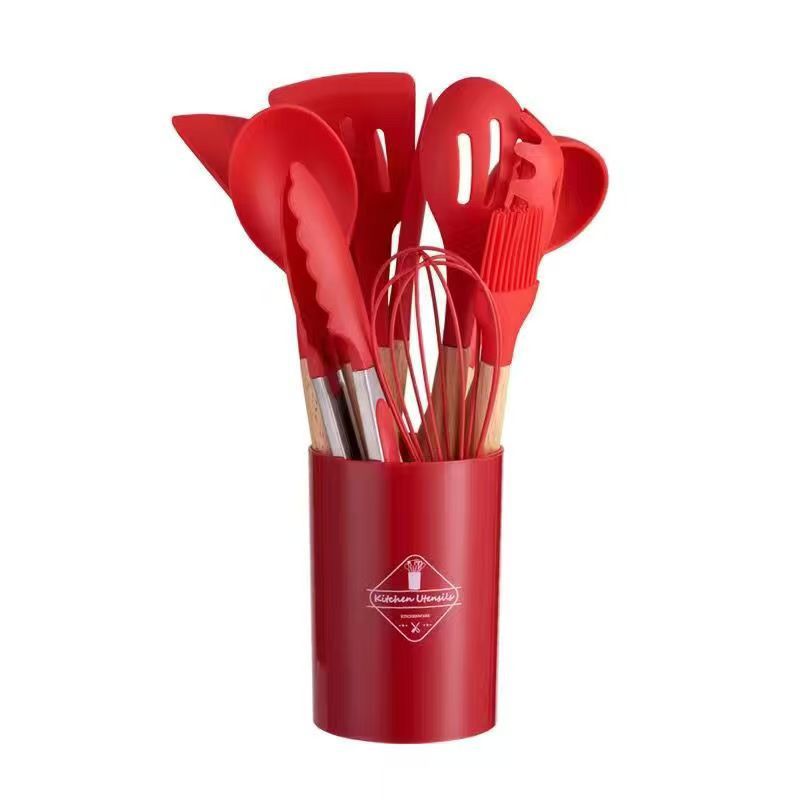 Wood handle silicone kitchen tool 12-piece set with storage bucket, food-grade high-temperature resistant, non-stick pan specific kitchen tools