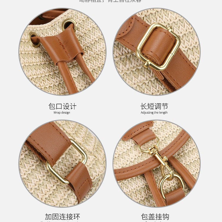 New Simple Patchwork Drawstring Bucket Straw Bag, Vacation Travel Woven Backpack for Women
