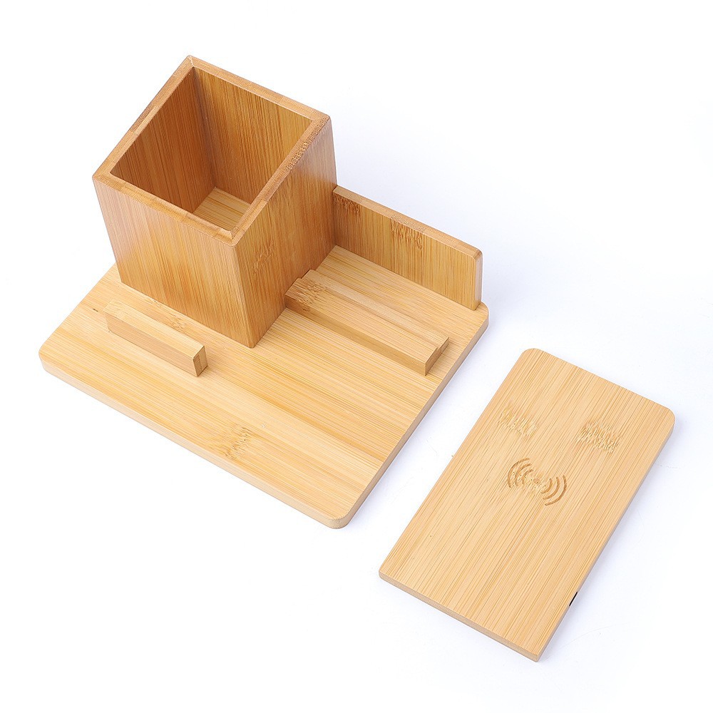 Bamboo Wood Desktop Storage Stand Simple Multifunctional Pen Holder Pure Bamboo Wireless Charging Desktop Office Decoration Gift