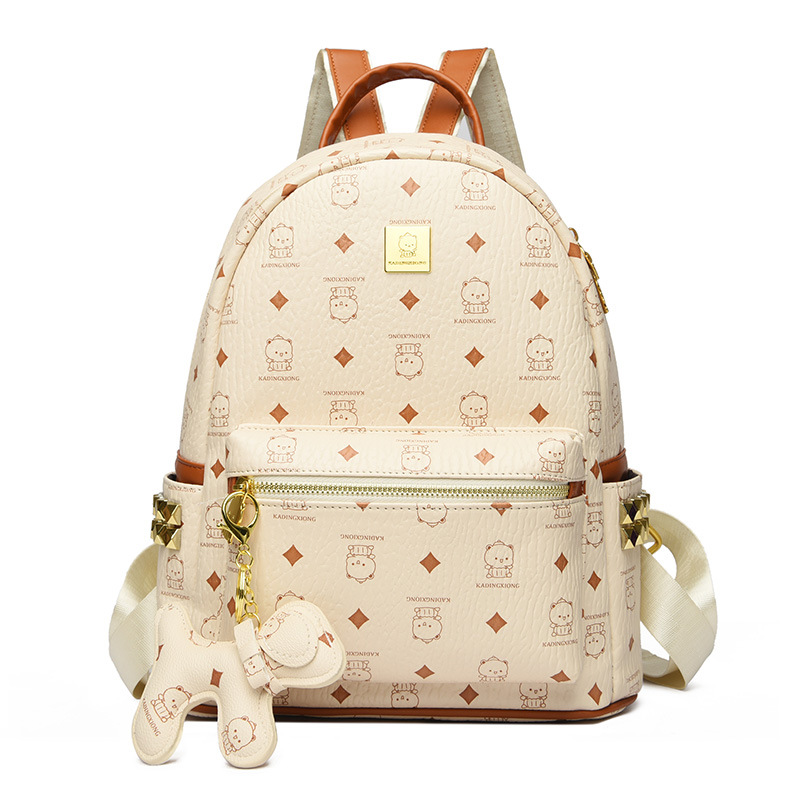 Brand M bear rivet double-shoulder bag fan print diamond quilted double-shoulder women's bag with pendant high-quality leather schoolbag