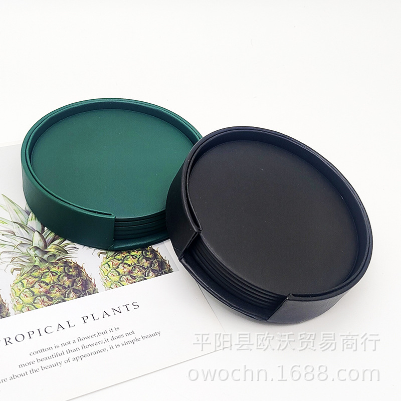 PU round leather tea set 10cm heat insulation pad leather coaster can print LOGO coaster