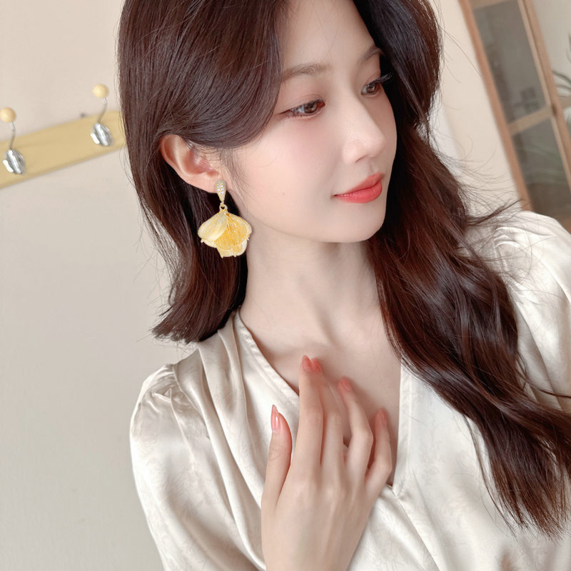 s925 Silver Needle Super Fairy Wire-Drawn Large Petal Zircon Earrings Back-Hanging Earrings