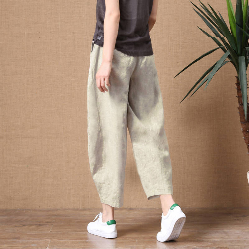 Summer Loose Breathable Seven-tenths Pants Cotton-linen Solid Elastic Waist Women's Wide-leg Pants Simple Casual Pants
