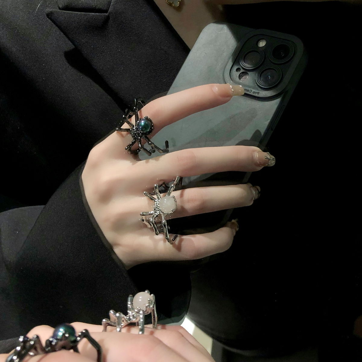 Black Spider Punk Ring with Moonstone Metal Open Adjustable