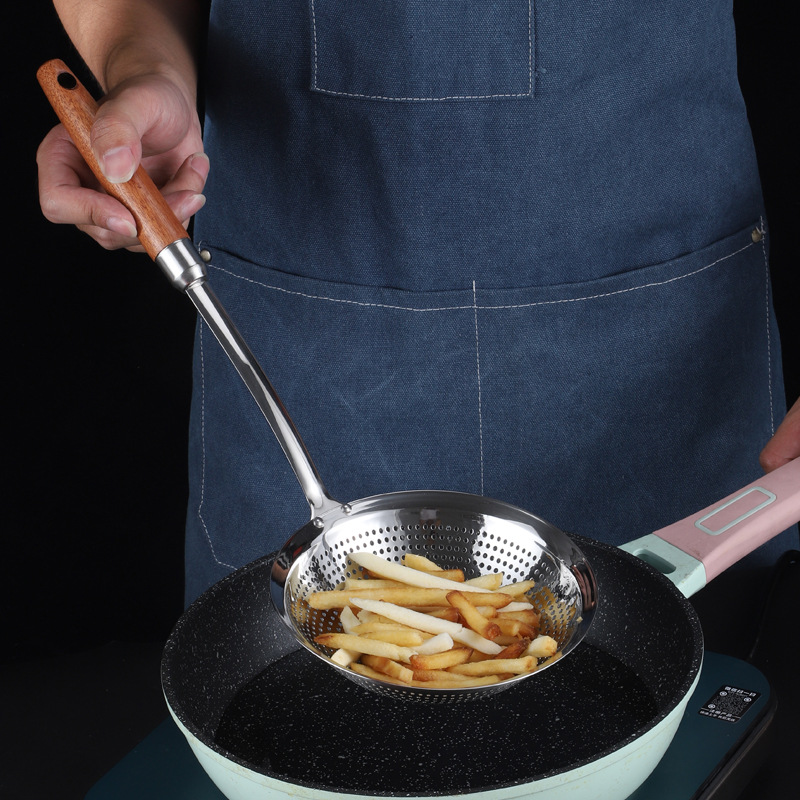 304 stainless steel beech wood handle large slotted spoon long handle hot pot frying skimmer/large size draining filter large slotted spoon kitchenware