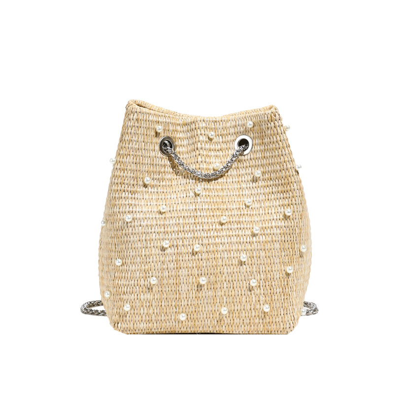 Straw bag women 2025 summer new pearl rhinestone chain bucket bag vacation style woven bag