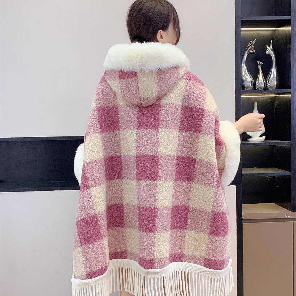 Live Autumn Winter New Plaid Tassel Fleece Lined Thickened Hooded Cape Shawl Fur Collar Warm Coat