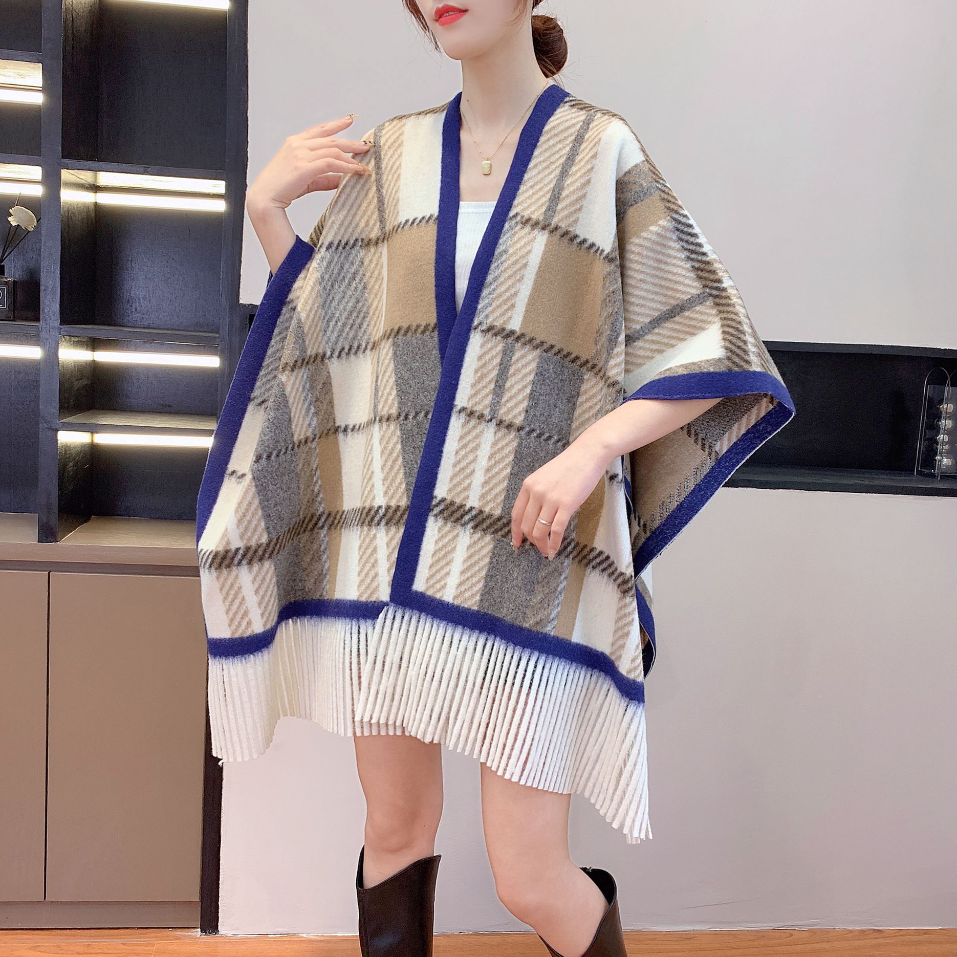 Imitation Cashmere Printed Shawl Outerwear Dress Cape Decorative New Plaid Warm Scarf