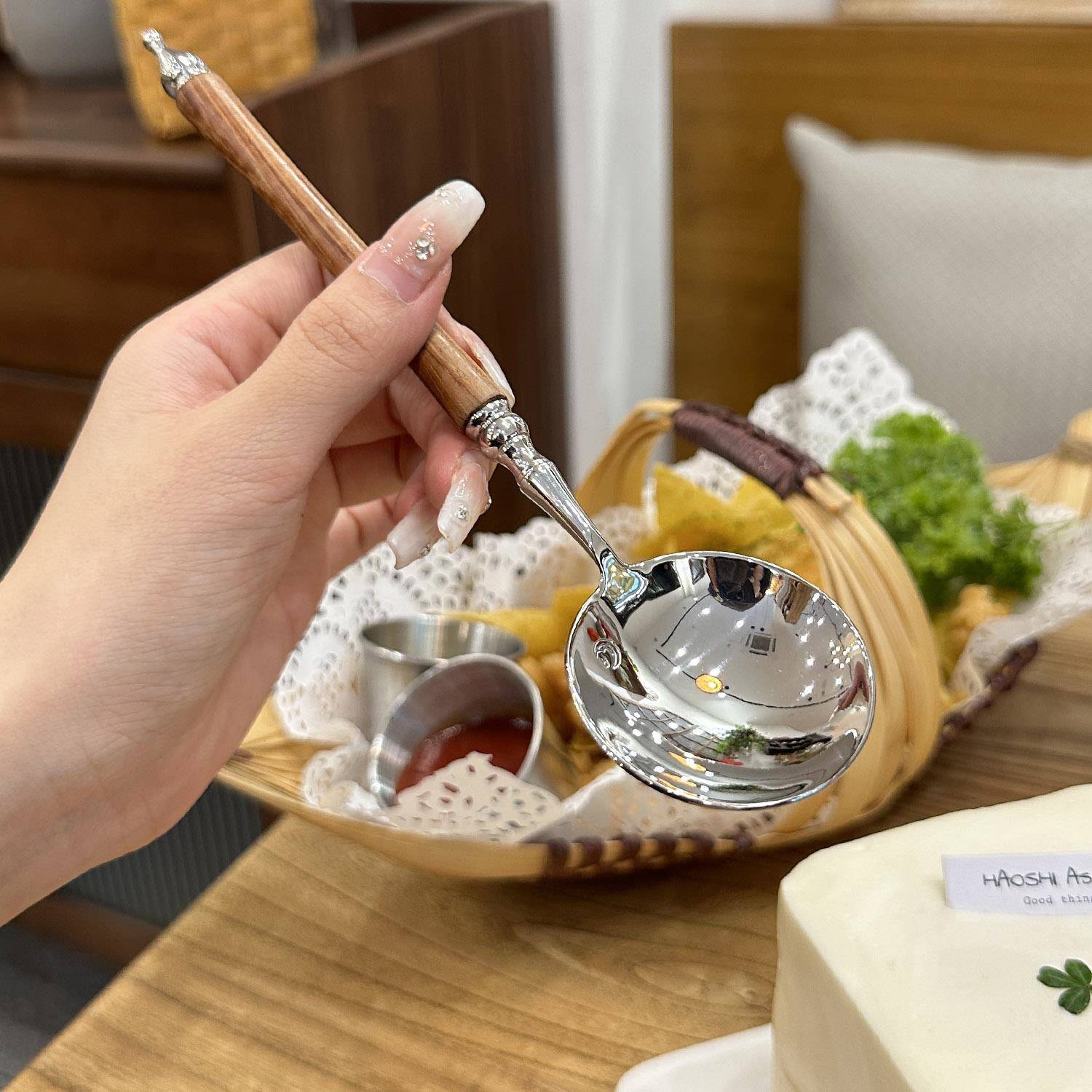 Imitation Rosewood Stainless Steel Spoon Long Handle Round Head Spoon Household Rice Spoon Soup Spoon Dessert Spoon Soup Spoon