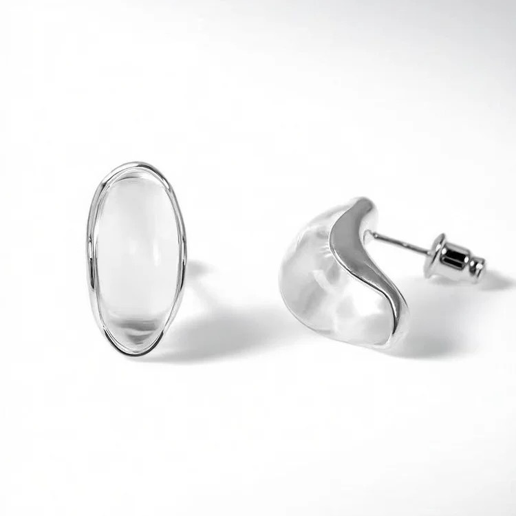 Simple C circle earrings, delicate arc earrings, 925 silver needle transparent琉璃 drop earrings