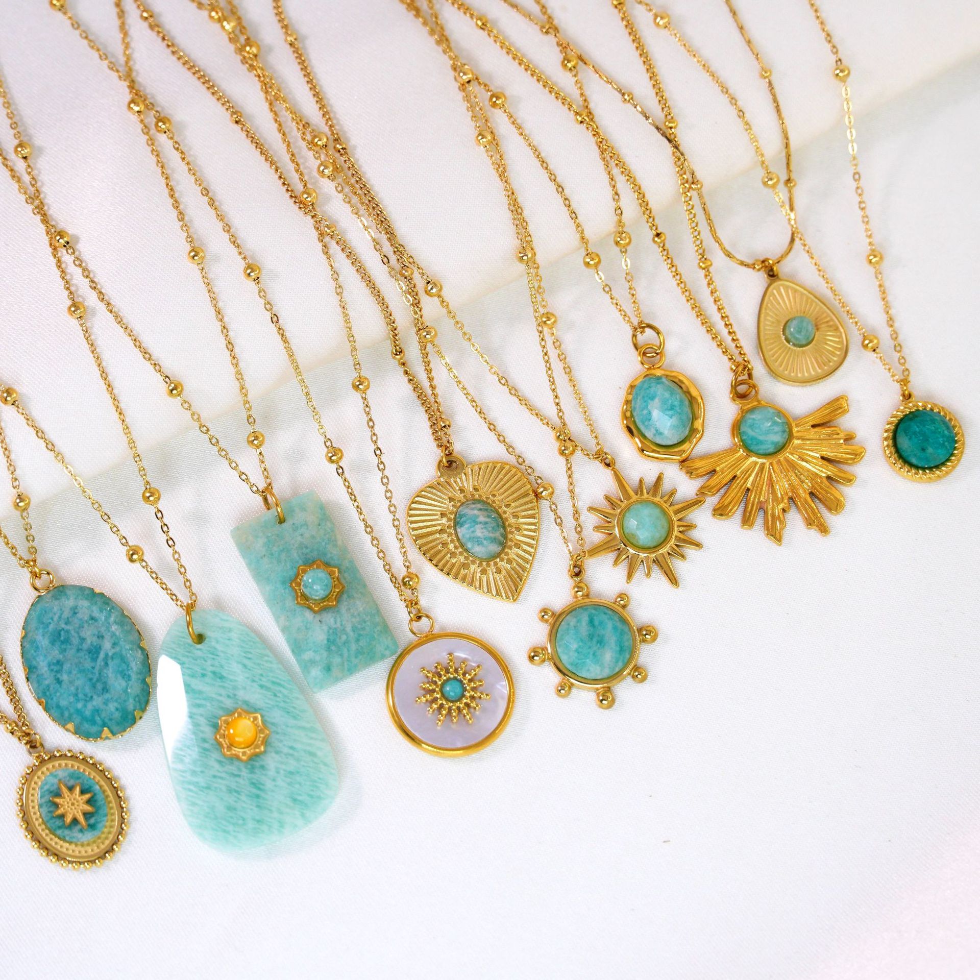 Blue Series Amazonite Stainless Steel 14K Gold Necklace Simple Handmade Necklace