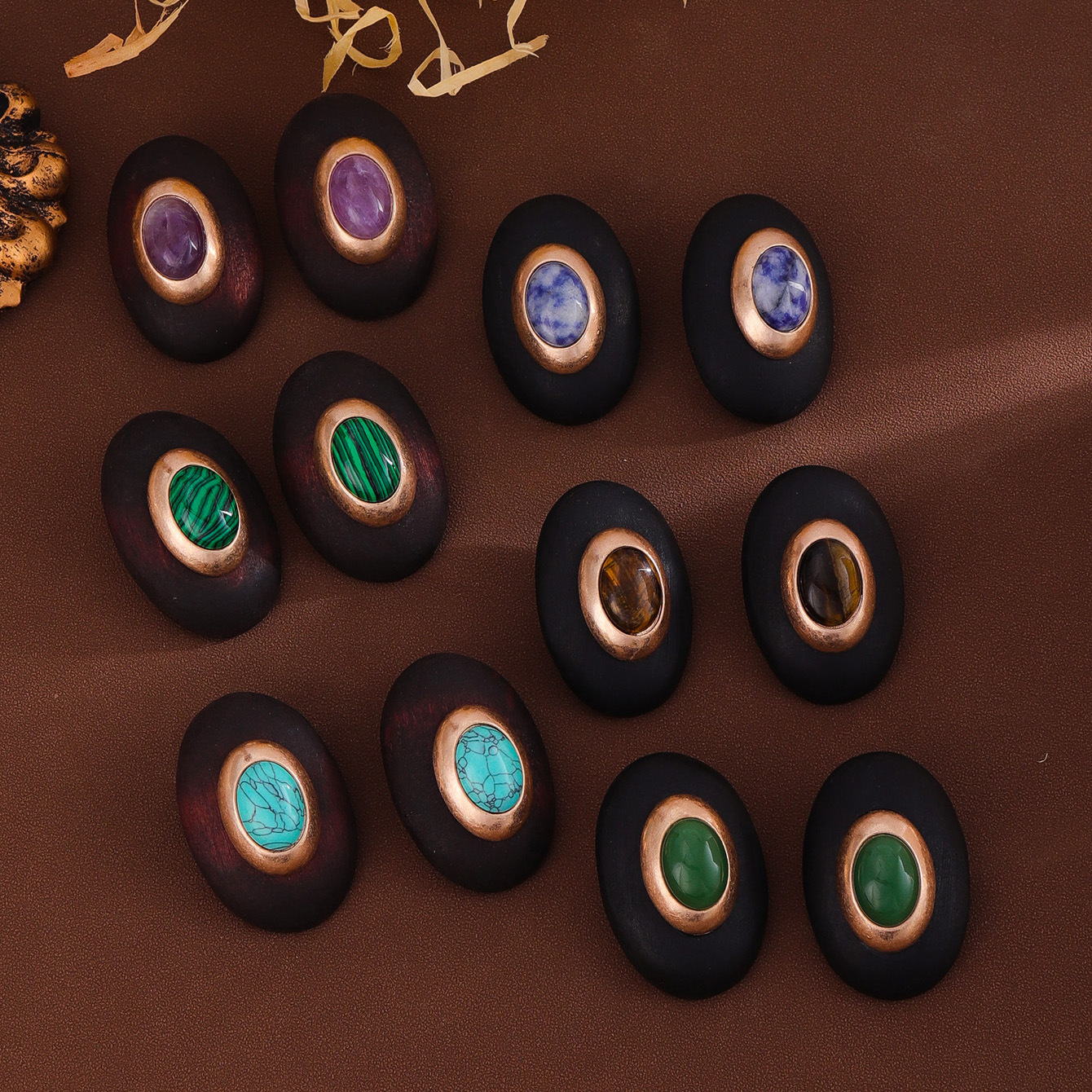 Original Design Wind Accessories Exaggerated Wood Oval Stone Metal Stud Earrings Women