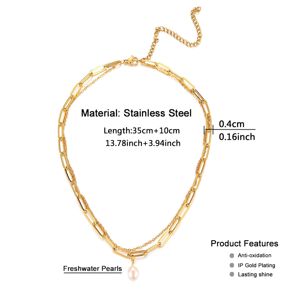 Baroque freshwater pearl neck chain necklace, women's minimalist stainless steel double-layer chain short necklace collarbone chain
