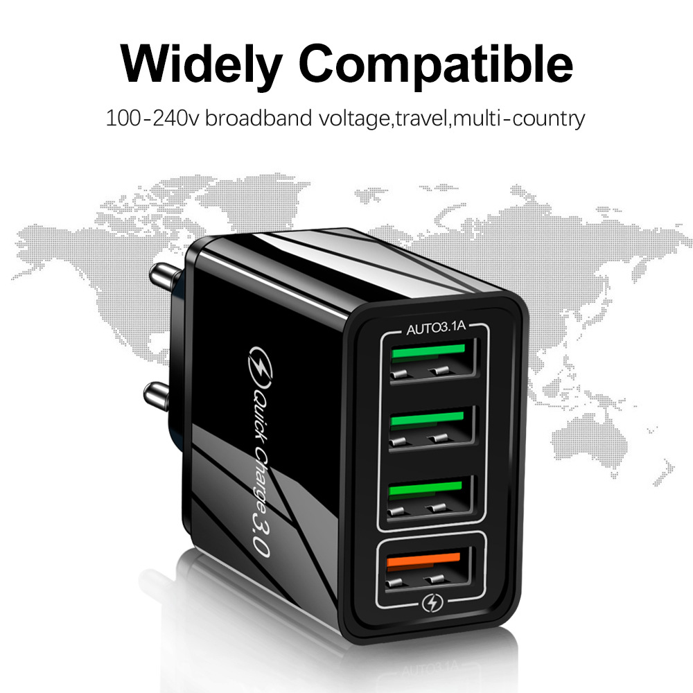 4USB Fast Q3.0 Phone Charger Multi-Port US EU UK Travel Power Adapter Cross-Border